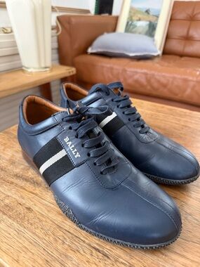 Bally Men's Navy Leather Stripe Sneakers